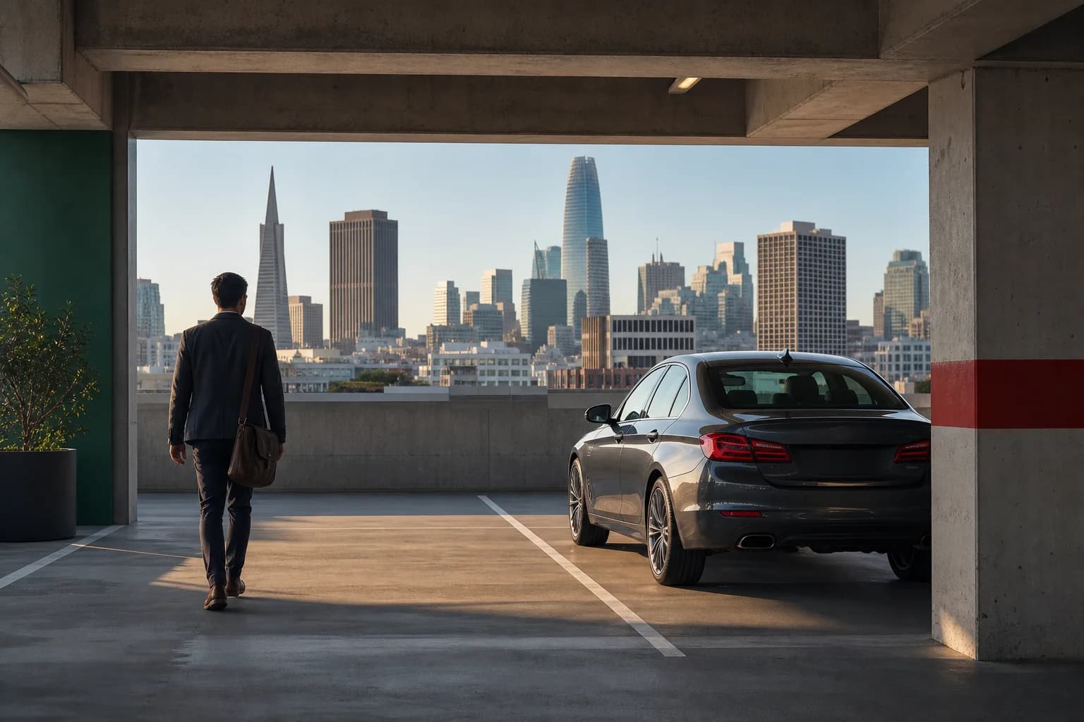 Commuter walking toward a parked car with the San Francisco skyline beyond