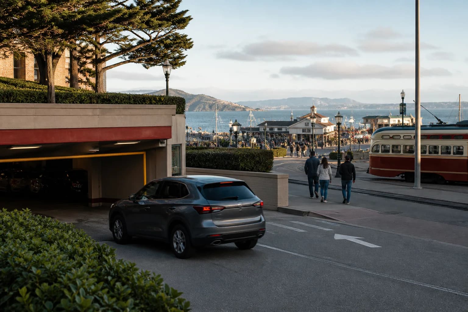 Car approaching a garage near the Fisherman’s Wharf waterfront