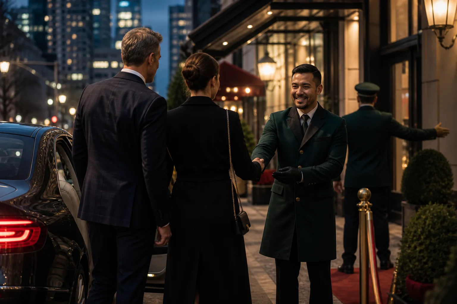 Professional valet attendant welcoming guests at an evening event