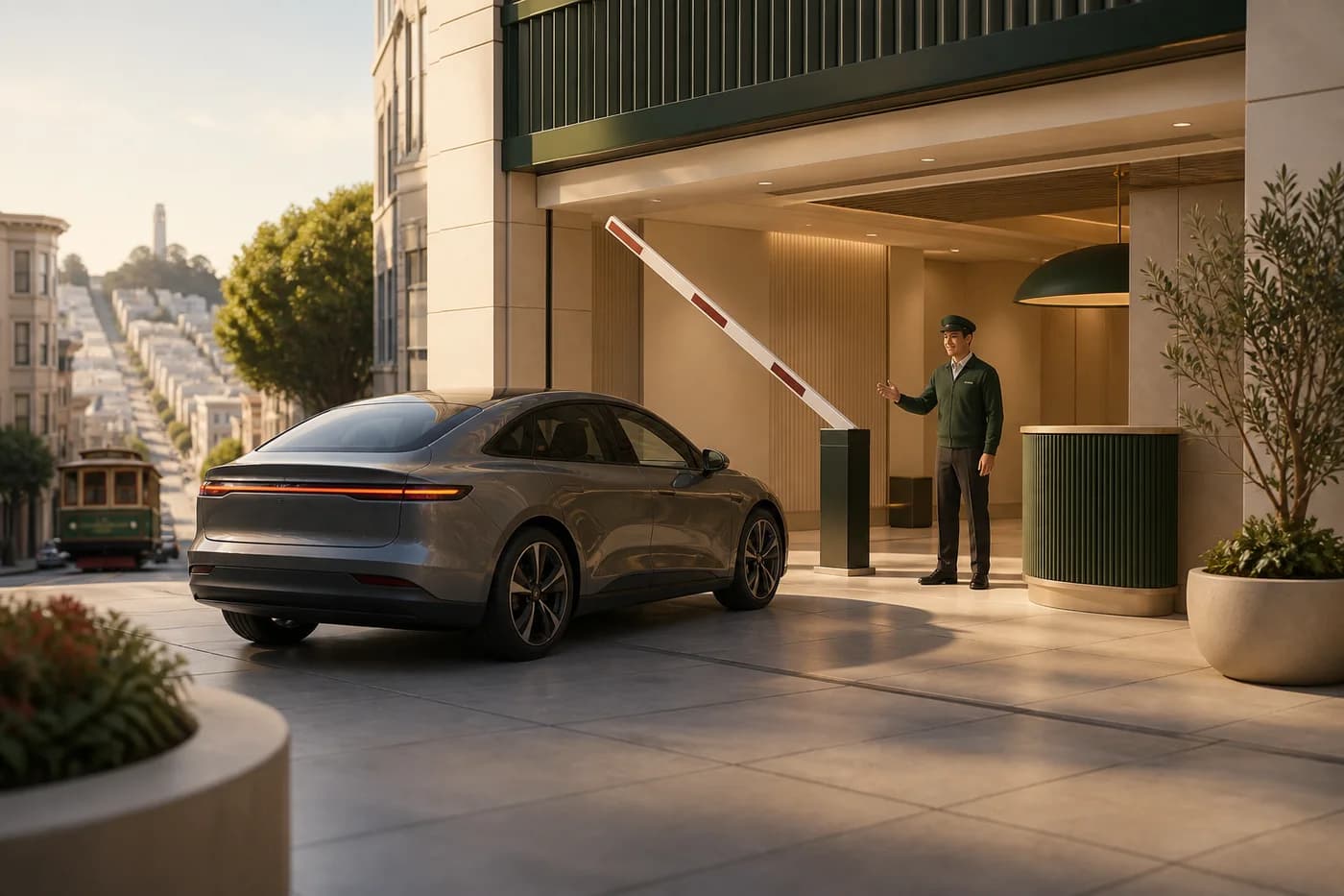 Car entering a garage with help from a parking attendant